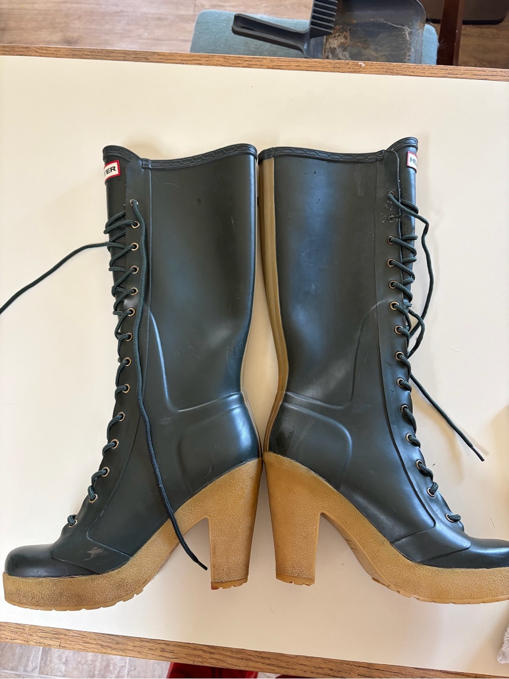 Hunter Dark Green Lace-Up Heeled Rain Boots with Tan Block Heel